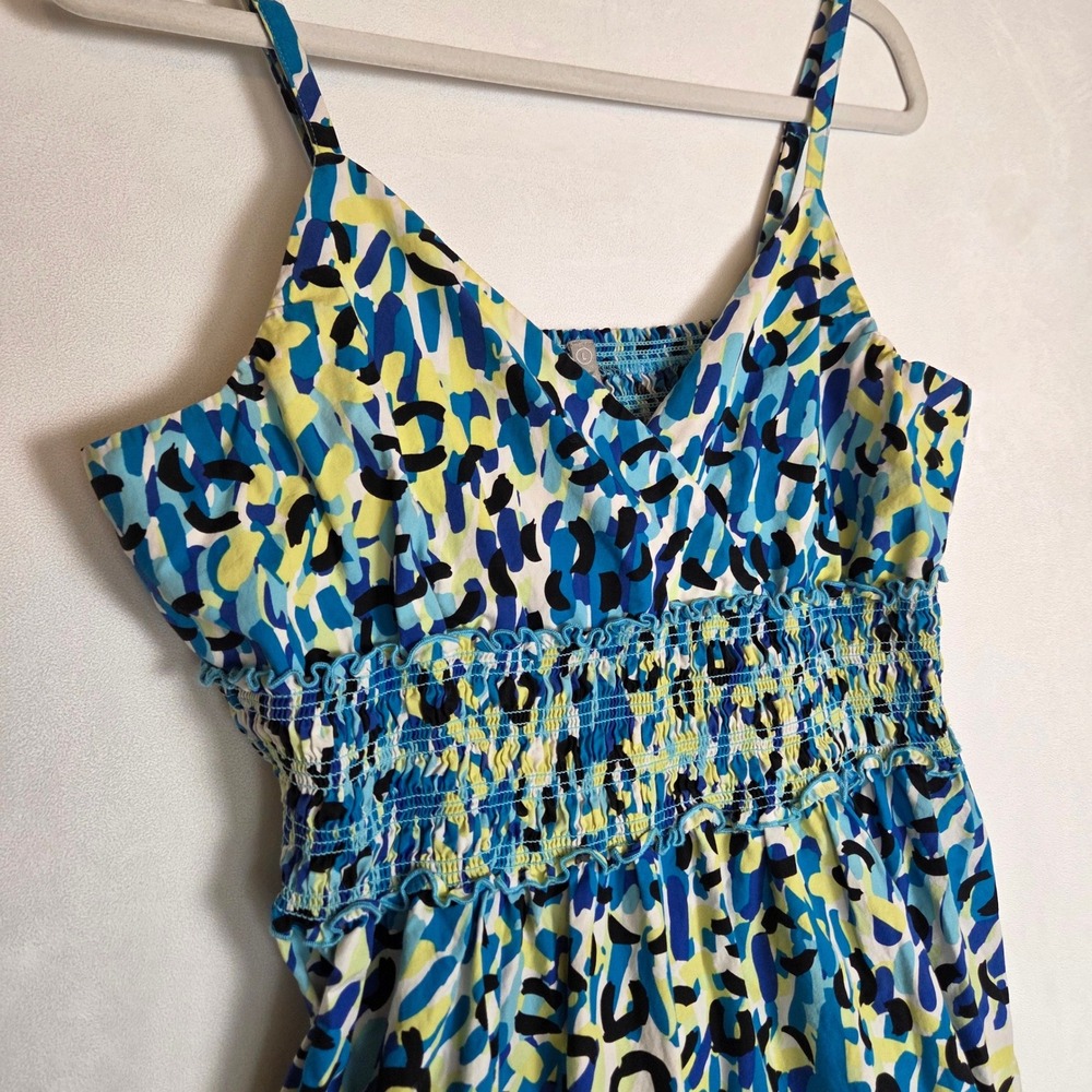 Hanna Andersson Blue Yellow Abstract Animal Cotton Smocked Tiered Maxi Dress L